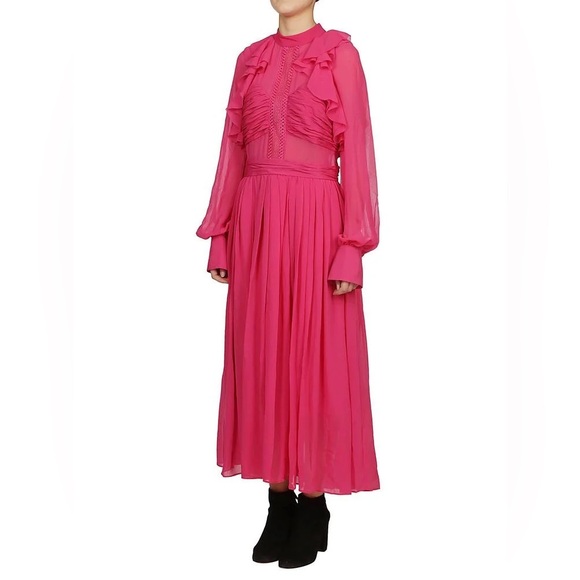Self-Portrait fuchsia pink chiffon long sleeve midi dress - size 0 (XS) NWT - Picture 4 of 7